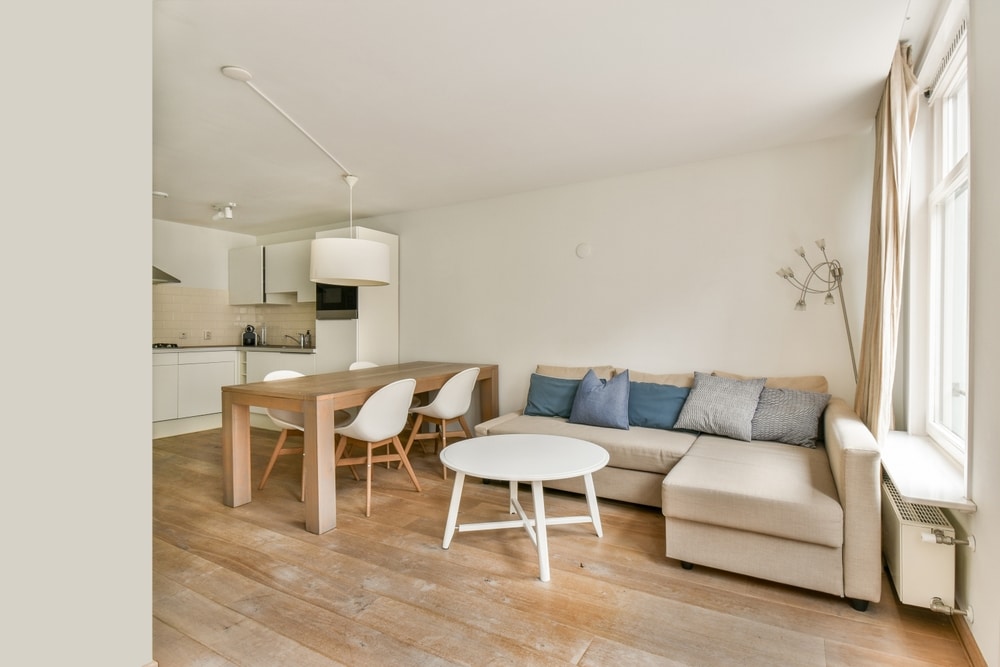 Salon élégant présentant un design contemporain avec des meubles en bois clair