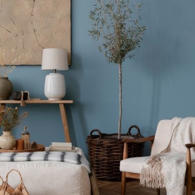 Design d'intérieur d'un salon de style rustique avec un fauteuil blanc et une cheminée